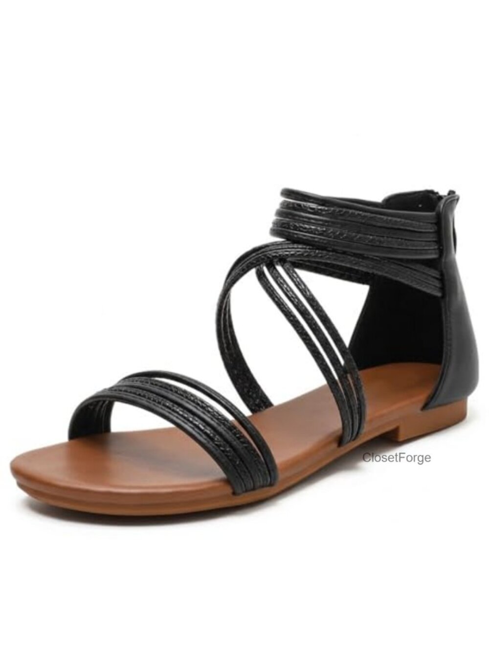 Women's Braided Gladiator Sandals Back Zipper Flat Open Toe Faux Leather Summer
